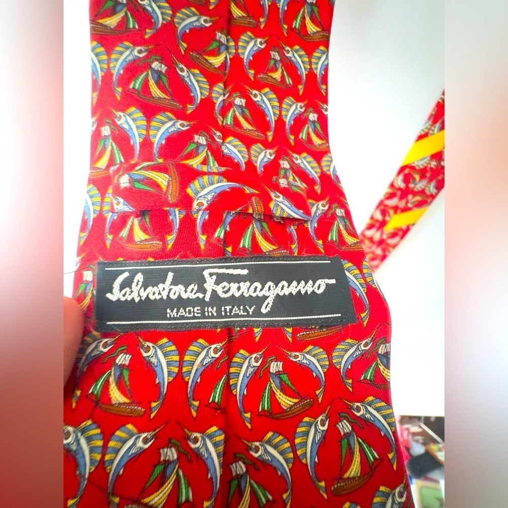 Vintage Salvatore Ferragamo Silk Tie with sailboats & swordfish